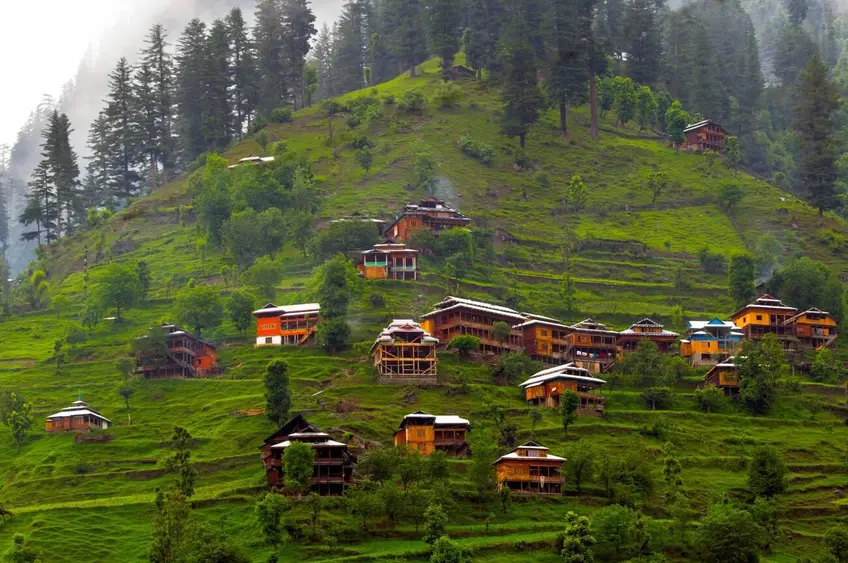 Panoramic view of Sharda town with the Neelum River and forested mountains in Azad Kashmi