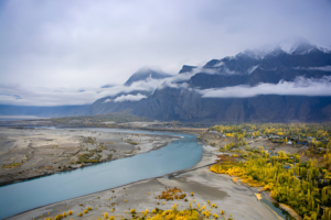 Fascinating view of a Skardu village along the riverbank in the Karakoram Mountains, Gilgit Baltistan, Pakistan