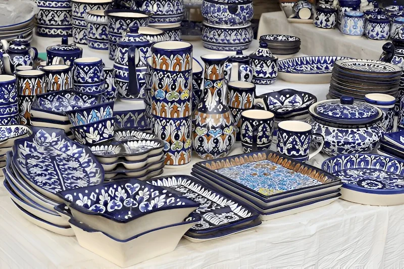 Blue pottery on crockery showcasing the traditional ceramic art of Multan, Pakistan.