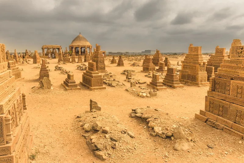 Carved stone tombs at Chaukandi near Karachi showing Sindh heritage