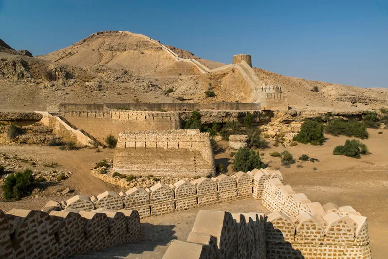 Massive stone walls of Ranikot Fort extending into the hills in Sindh