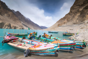 Colourful boats at Attabad Lake in Upper Hunza
